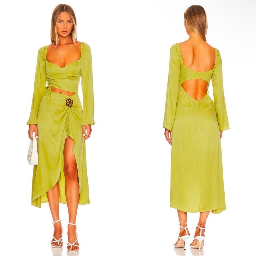 For Love & Lemons Allie Satin Midi Dress in Green Size Small NEW $288